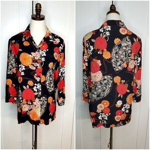 GRAFF Wear Women's Boho Cottagecore Black Floral Longsleeve Buttondown, Small